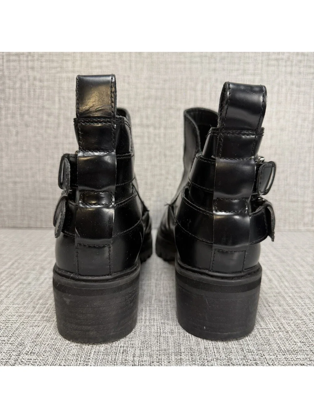 Clarks Boots Womens Size 7 Black Leather Chunky Lug Heel, Buckles, Ankle